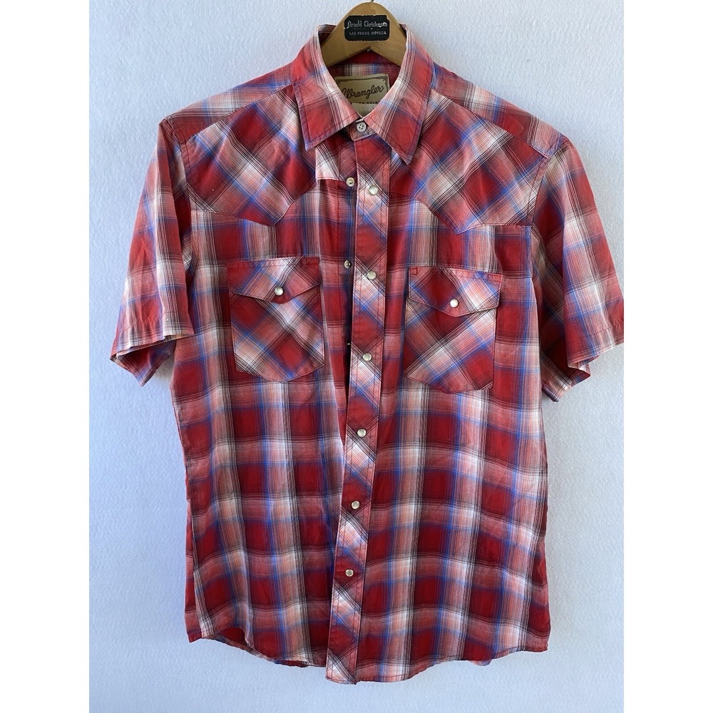 Wrangler Western Shirt Mens L Red Plaid‎ Pearl Snap Short Sleeve Cowboy